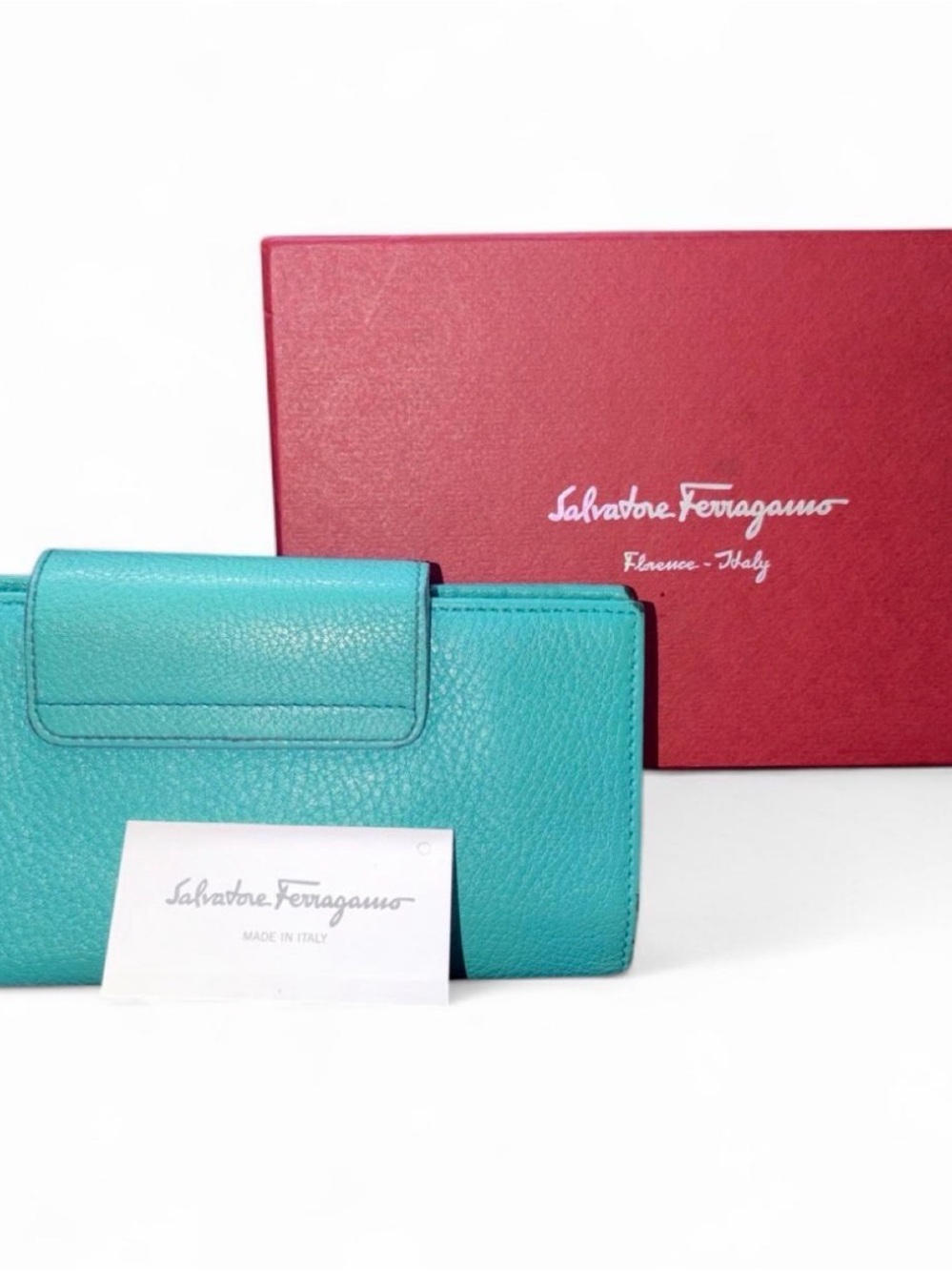 Salvatore Ferragamo Turquoise Leather Clutch with Gancini Detail - Picture 6 of 6
